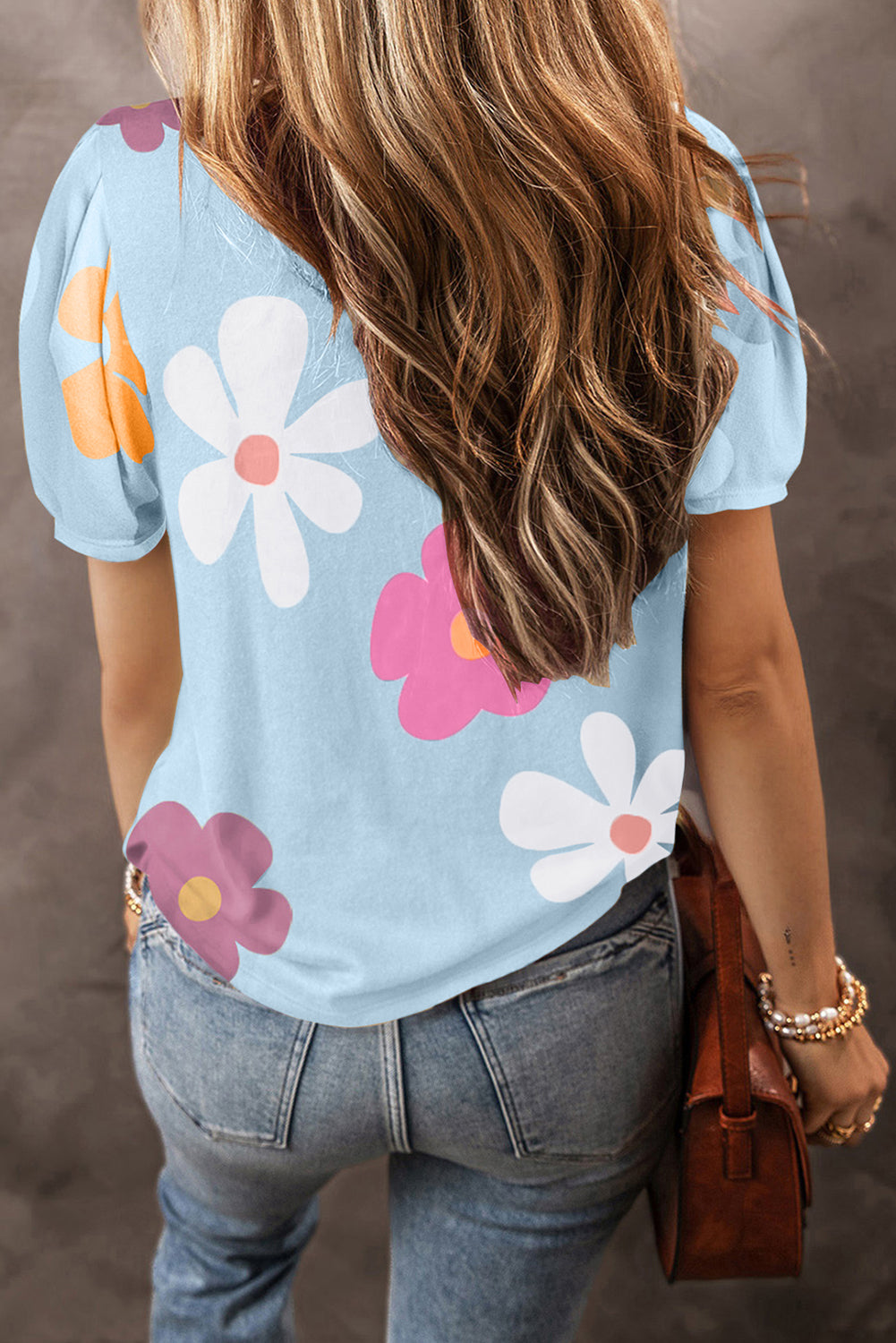 Black Colorful Flower Print Bubble Sleeve Tee