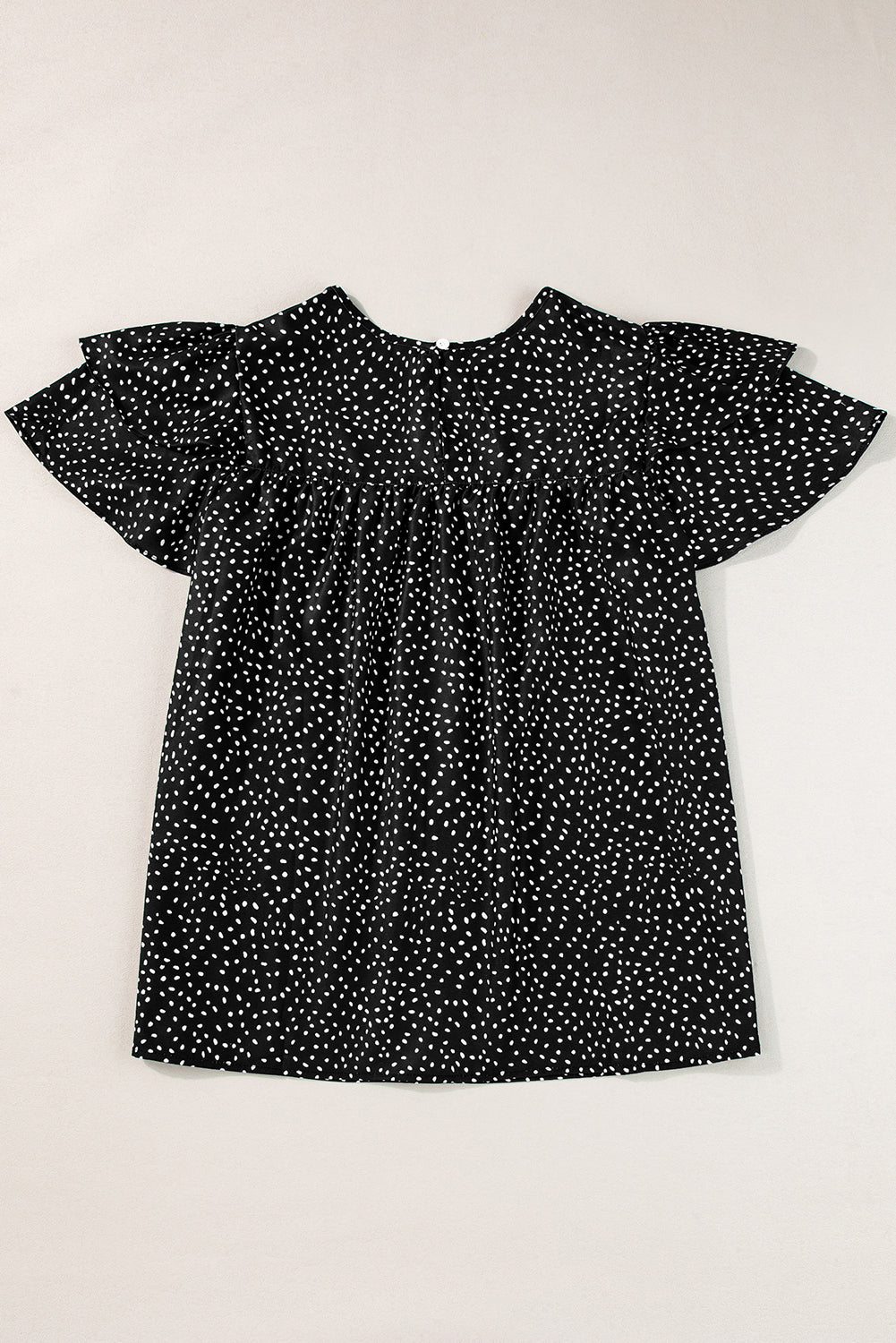 Black Spotted Print Pleated Ruffle Sleeve Blouse