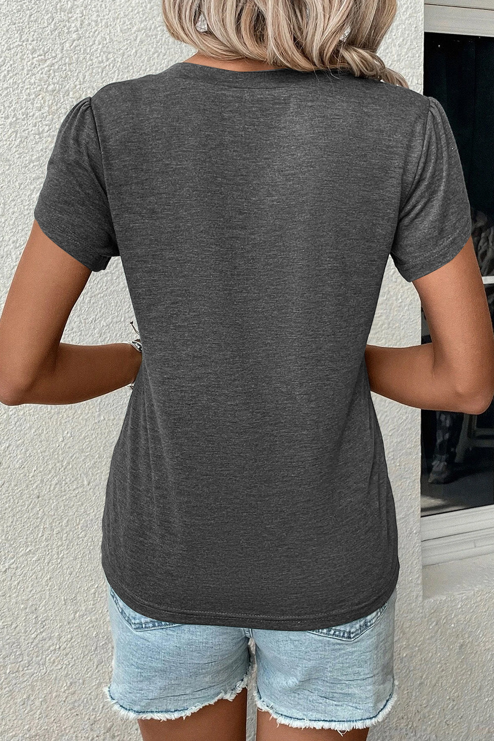 Carbon Grey Petal Sleeve V Neck T-Shirt