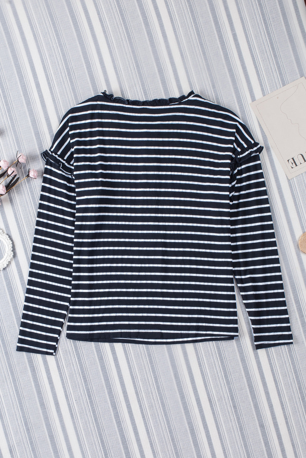 Black and White Striped Snap Button Ruffle Trim Long Sleeve Top