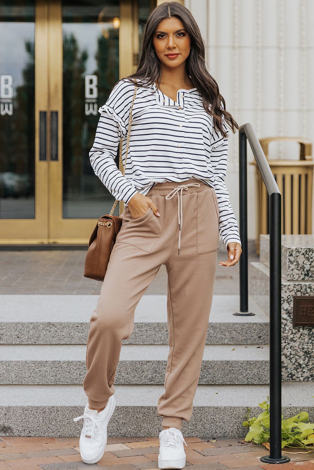 Black and White Striped Snap Button Ruffle Trim Long Sleeve Top