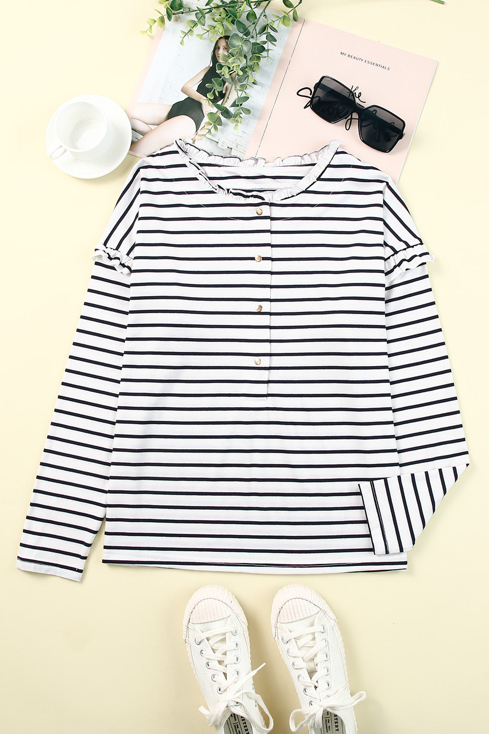 Black and White Striped Snap Button Ruffle Trim Long Sleeve Top