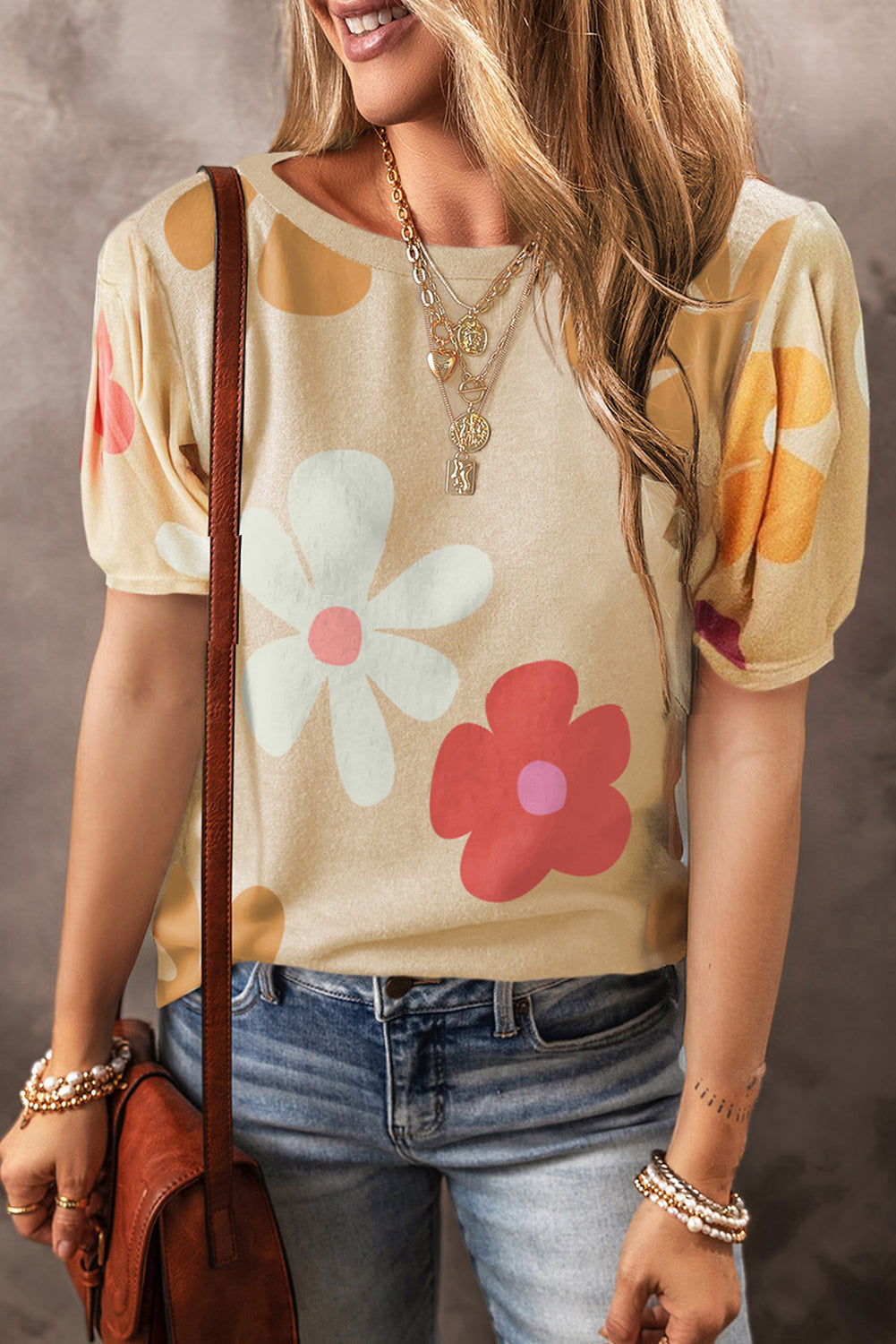 Black Colorful Flower Print Bubble Sleeve Tee