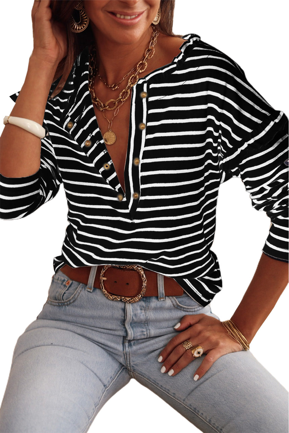 Black and White Striped Snap Button Ruffle Trim Long Sleeve Top