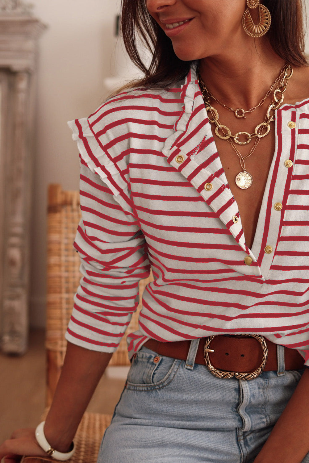 Black and White Striped Snap Button Ruffle Trim Long Sleeve Top