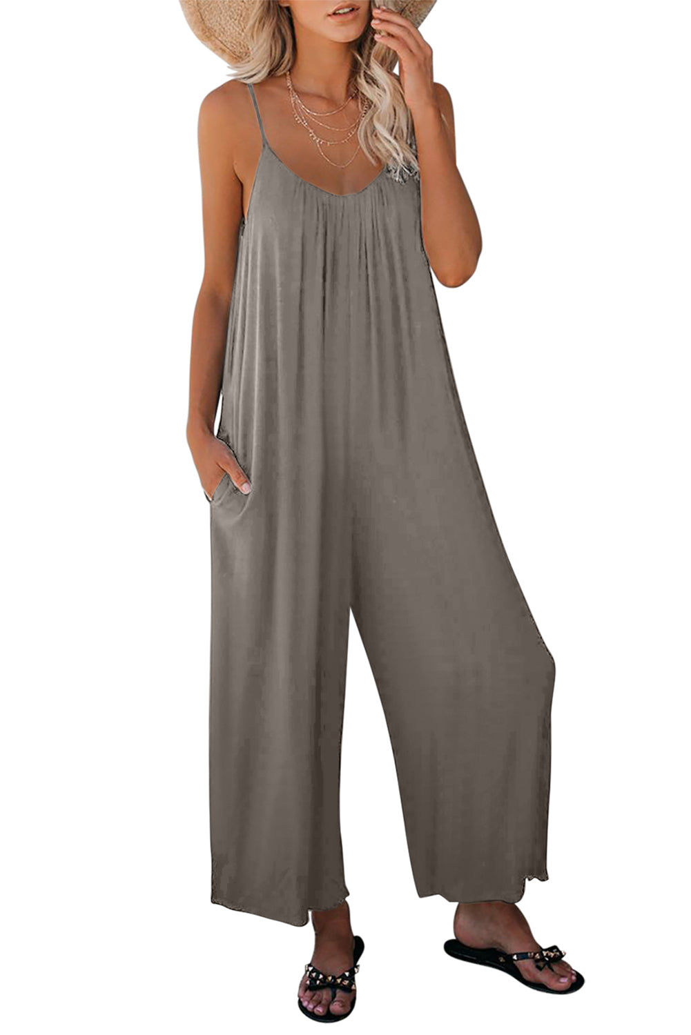 Black Casual Spaghetti Straps Wide Leg Pocketed Jumpsuits