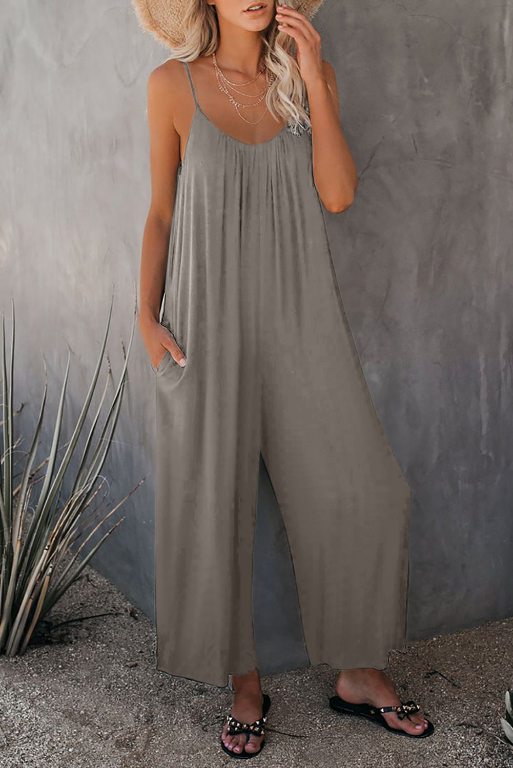 Black Casual Spaghetti Straps Wide Leg Pocketed Jumpsuits