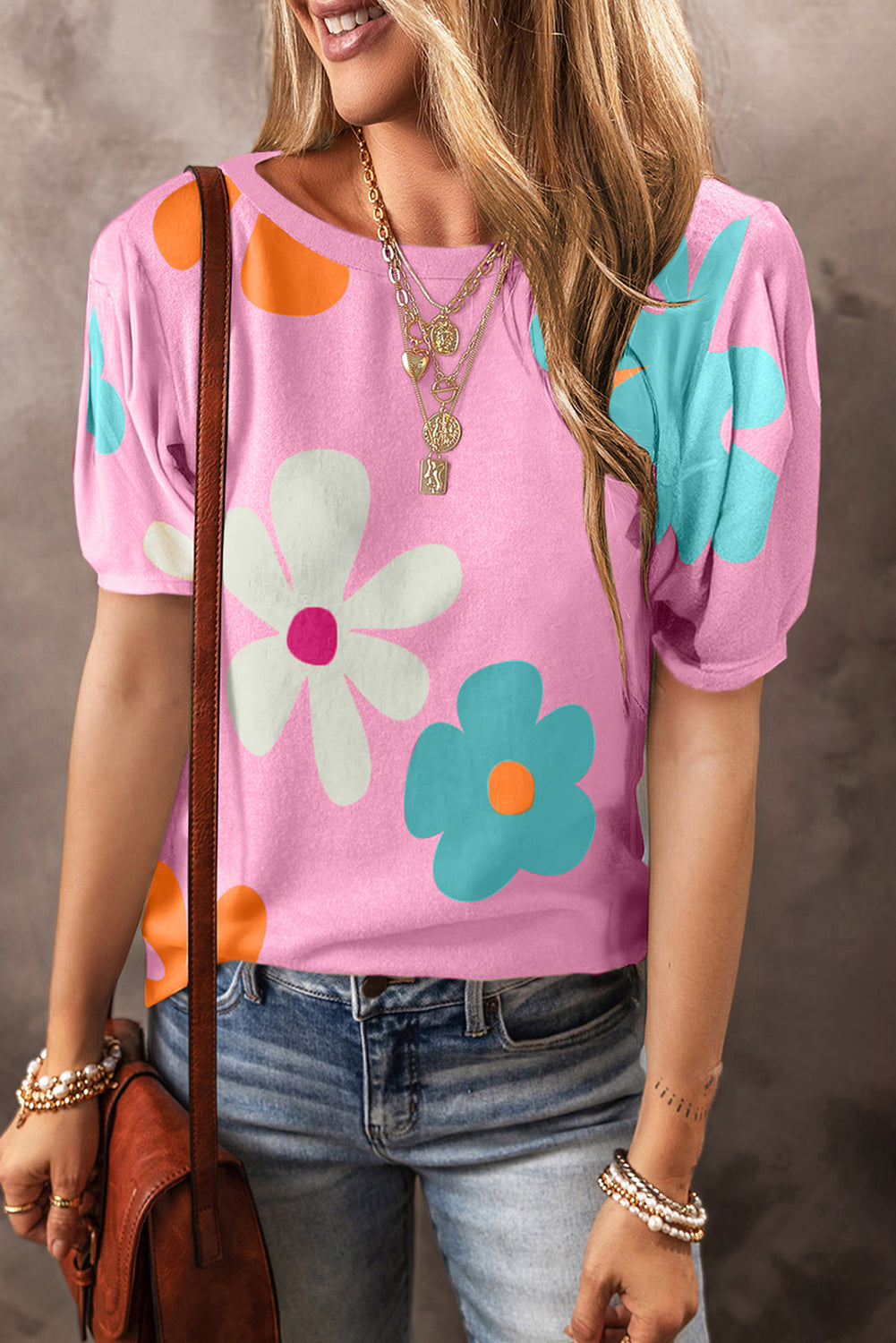 Black Colorful Flower Print Bubble Sleeve Tee