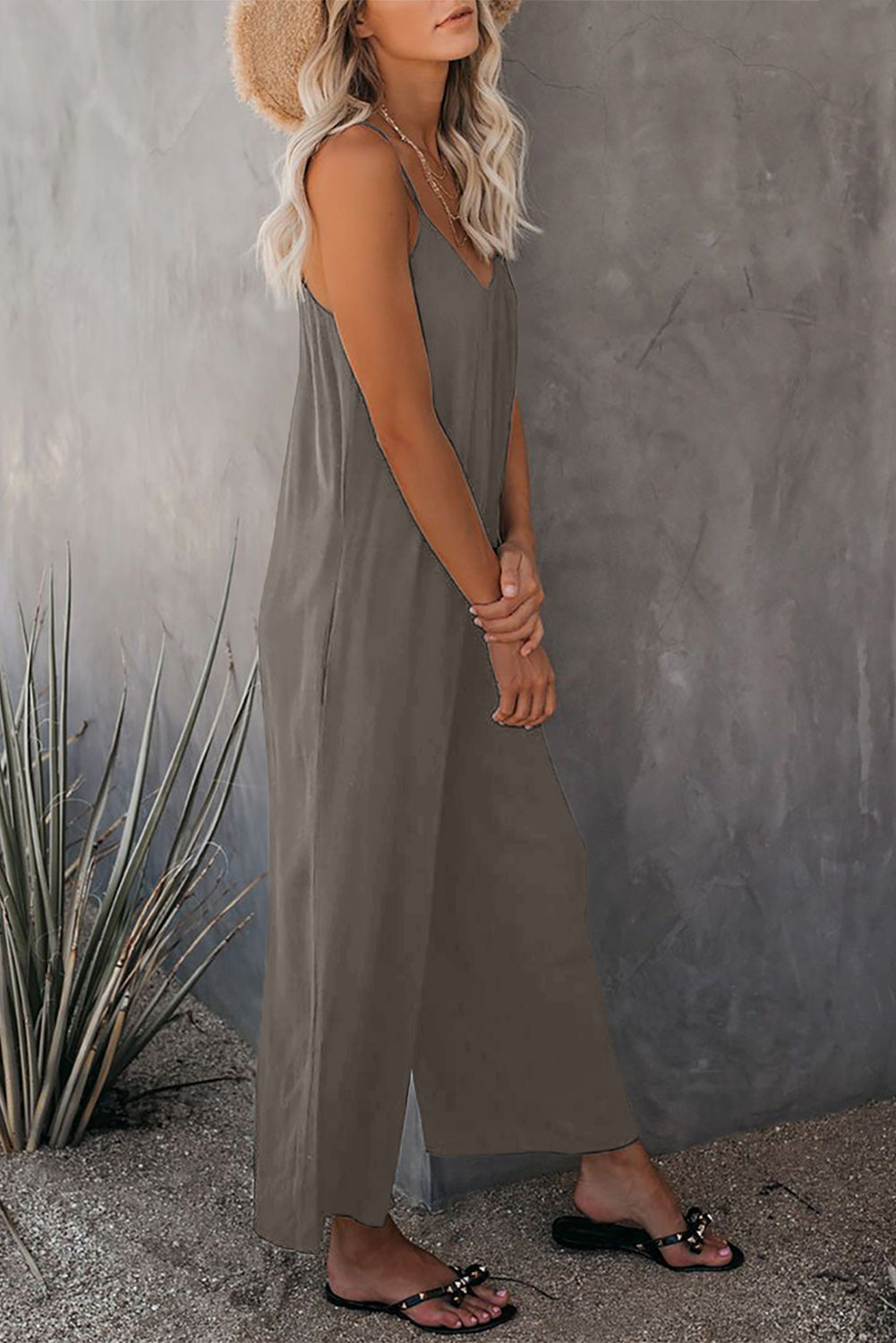 Black Casual Spaghetti Straps Wide Leg Pocketed Jumpsuits