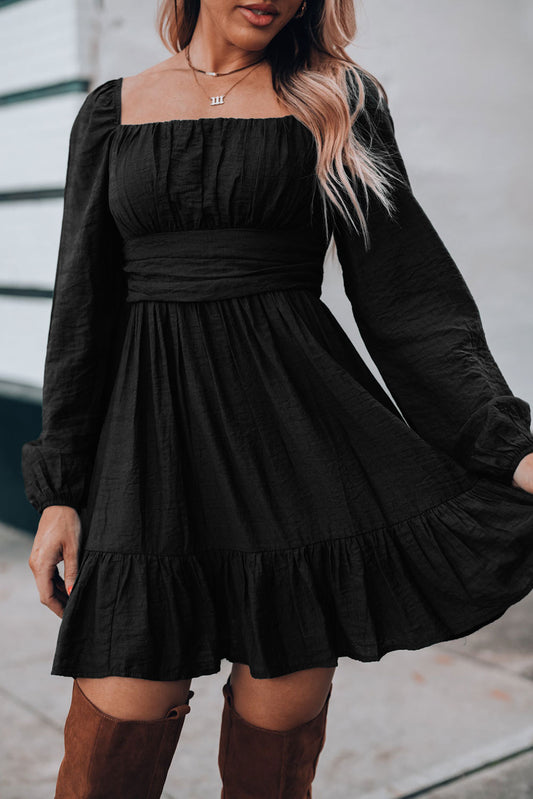 Black Solid Color Flounce Hem A -Line Square Neck Dress