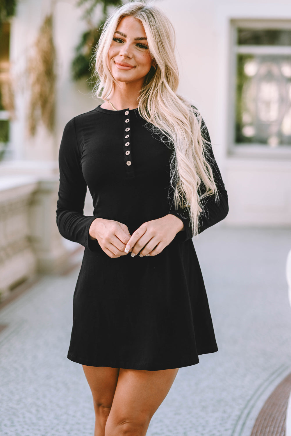 Black Solid Color Long Sleeve Henley Mini Dress