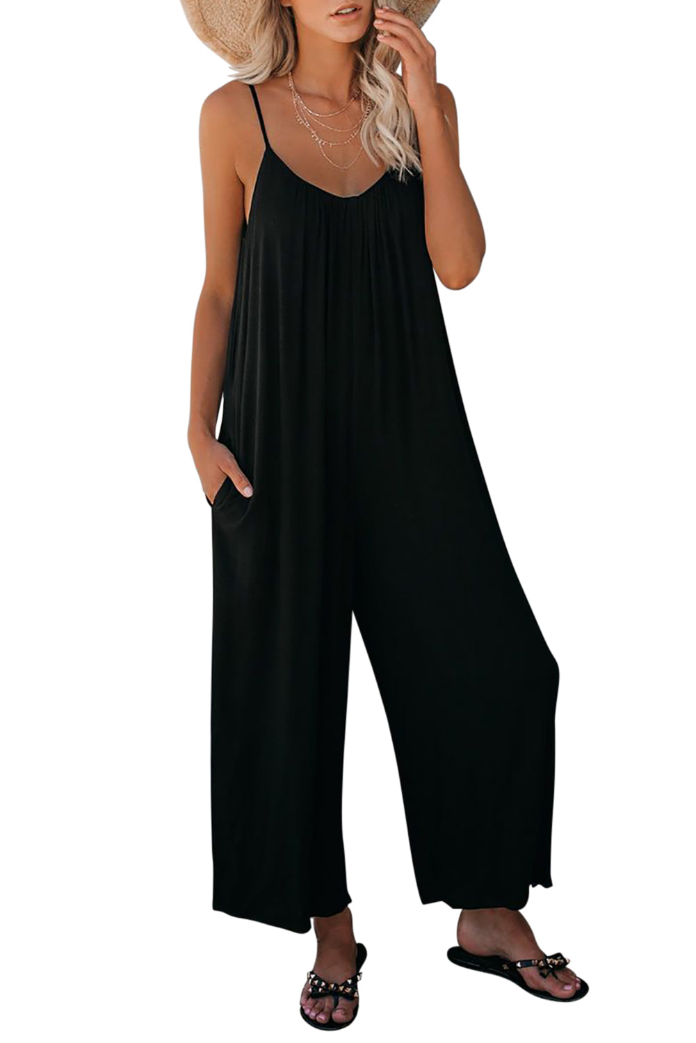 Black Casual Spaghetti Straps Wide Leg Pocketed Jumpsuits