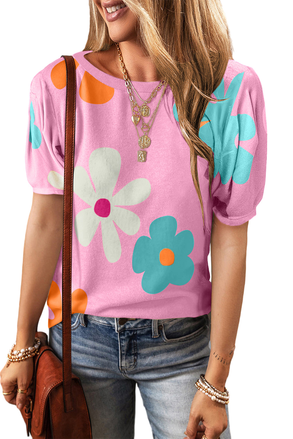 Black Colorful Flower Print Bubble Sleeve Tee