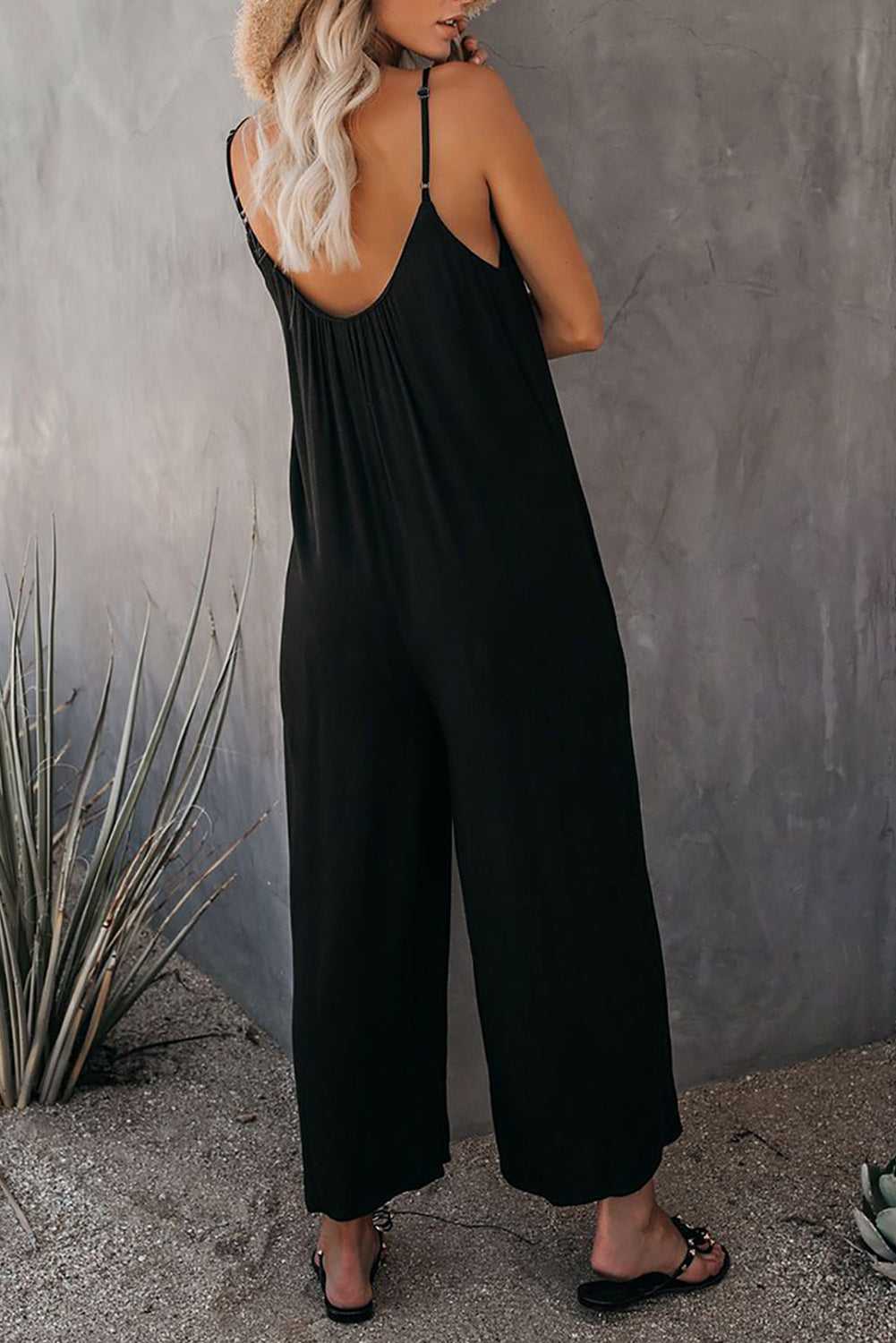 Black Casual Spaghetti Straps Wide Leg Pocketed Jumpsuits