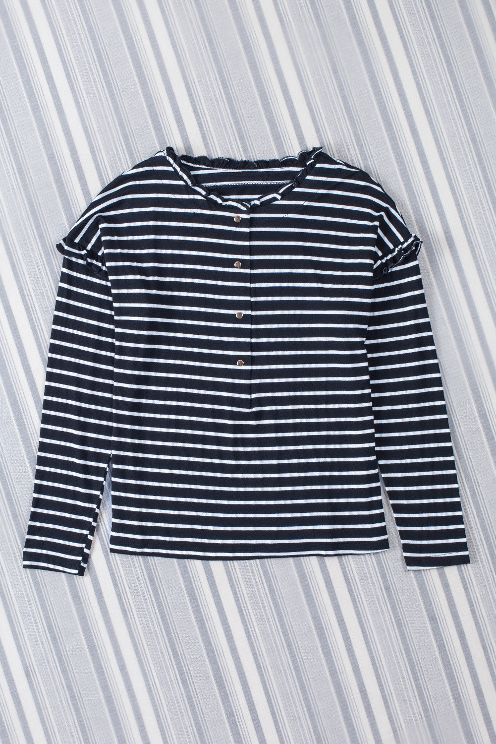 Black and White Striped Snap Button Ruffle Trim Long Sleeve Top