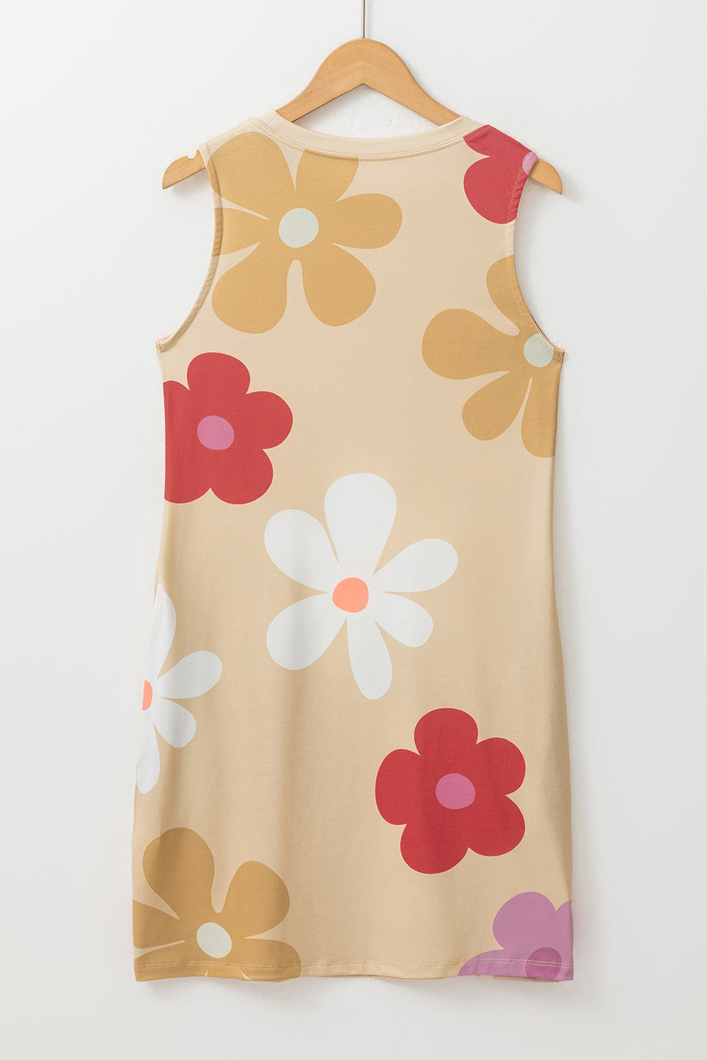 Apricot Flower Print Crew Neck Sleeveless Mini Dress