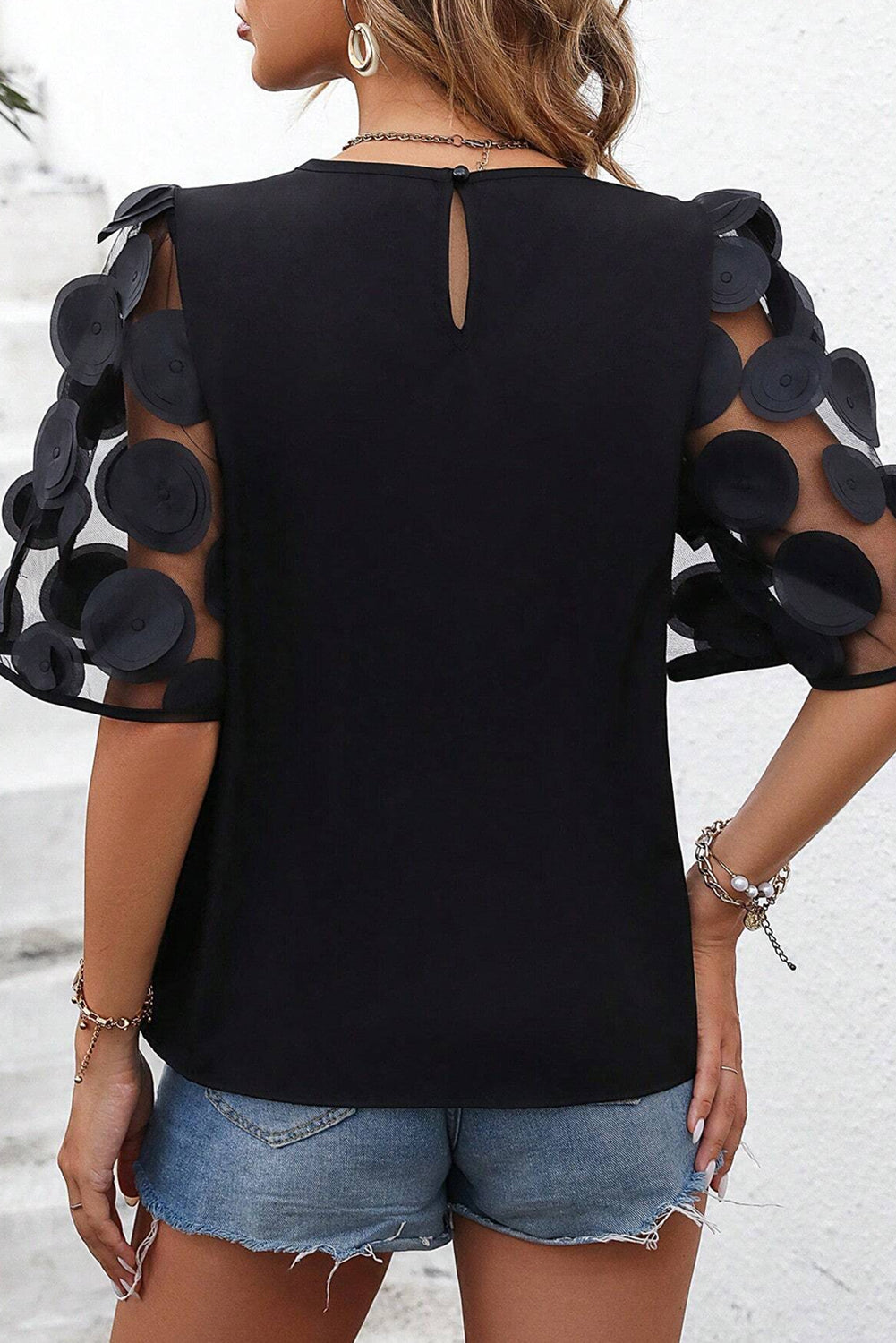 Black Applique Mesh Splicing Sleeve Blouse