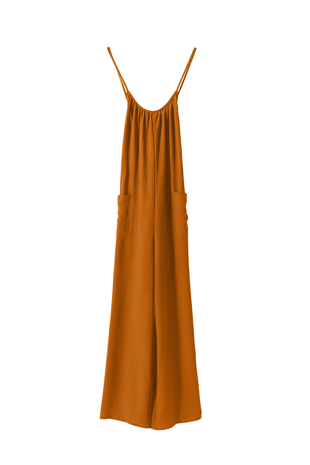 Apricot Spaghetti Straps Waist Tie Pocketed Wide Leg Jumpsuit