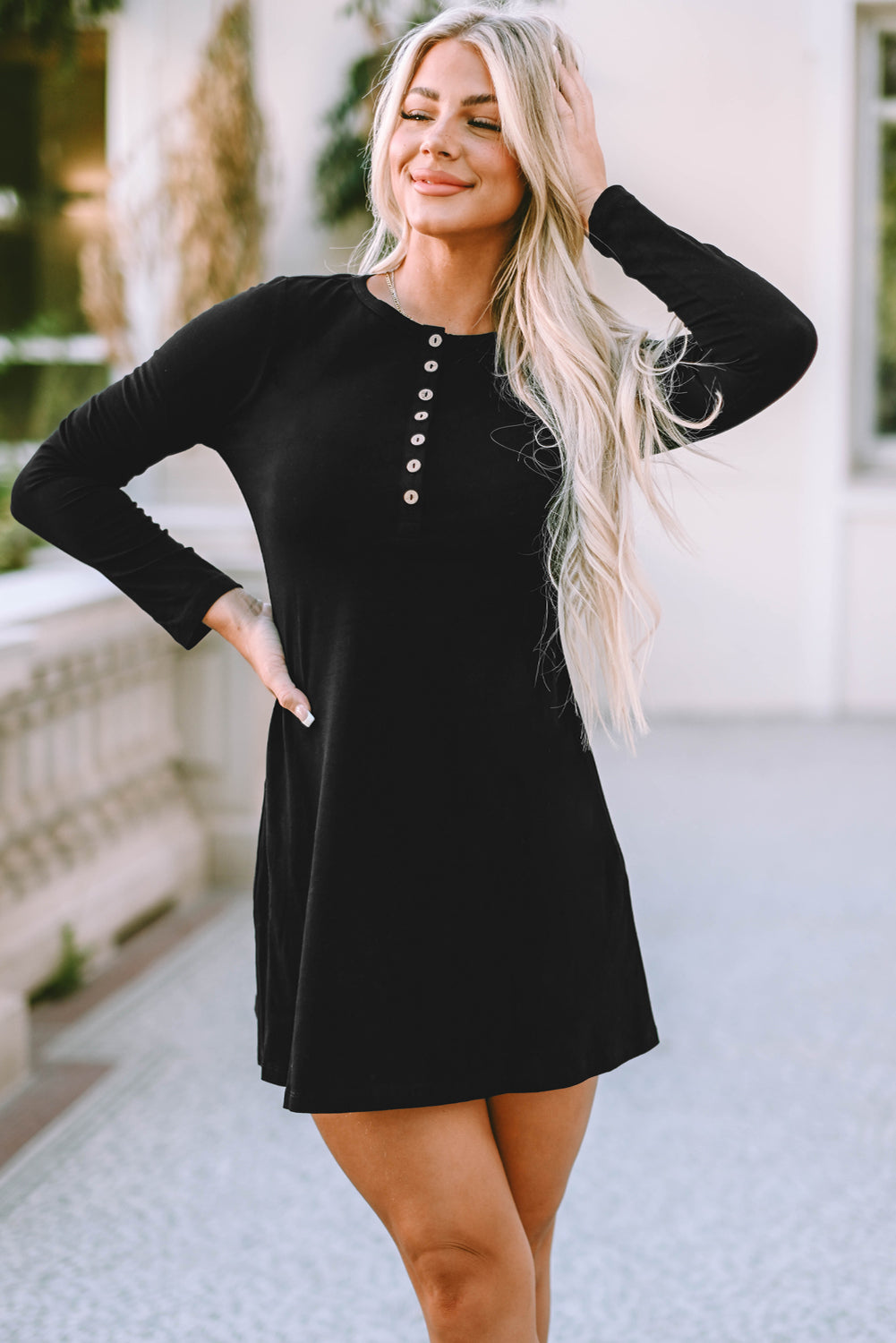 Black Solid Color Long Sleeve Henley Mini Dress