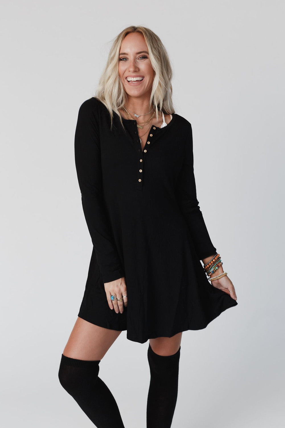 Black Solid Color Long Sleeve Henley Mini Dress