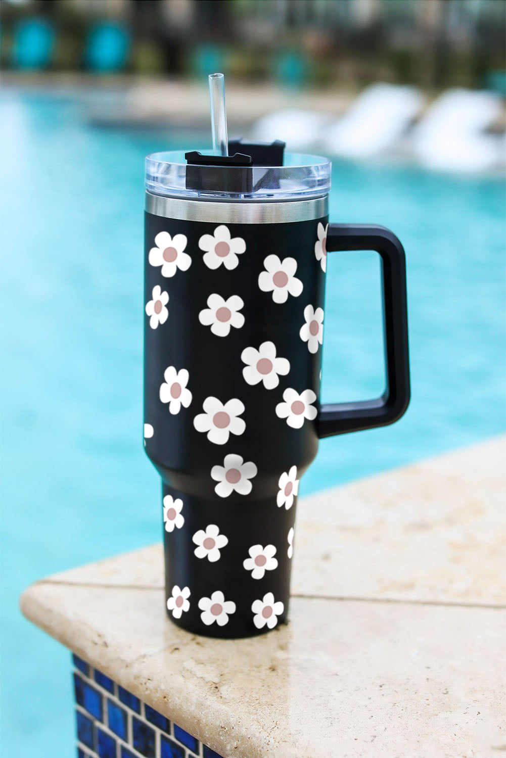 Black 60s Floral Print Stainless Tumbler With Lid And Straw