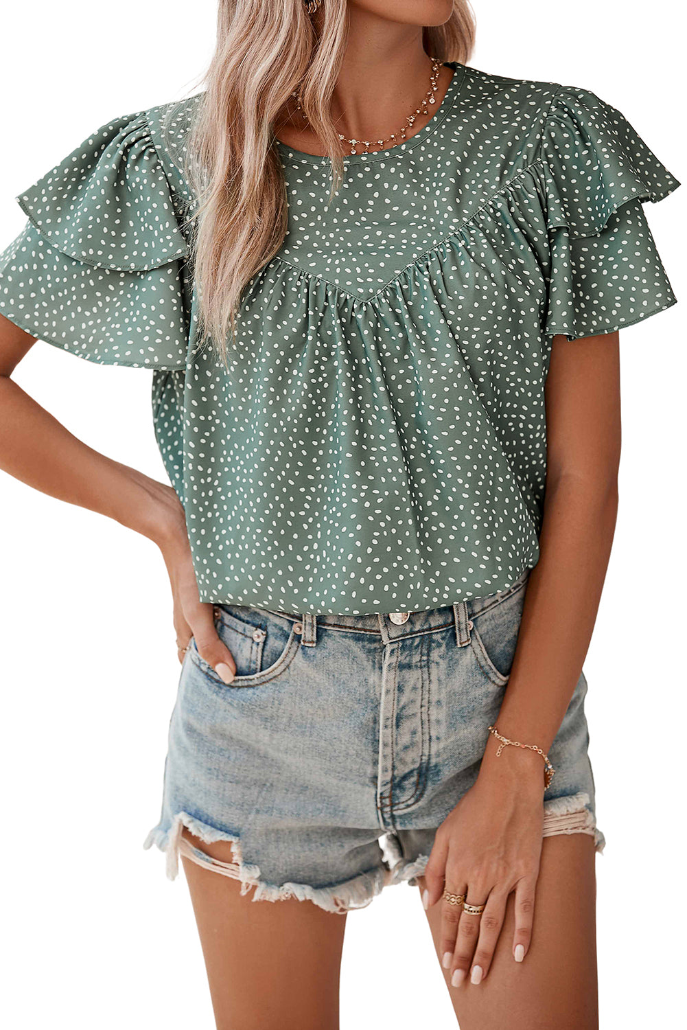 Black Spotted Print Pleated Ruffle Sleeve Blouse