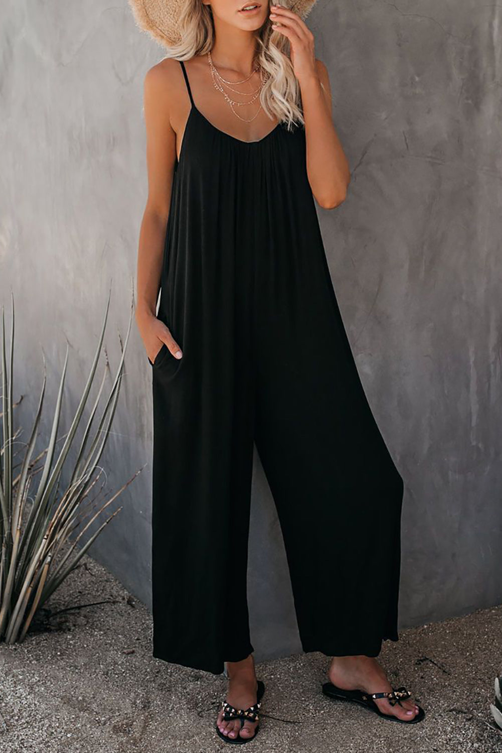 Black Casual Spaghetti Straps Wide Leg Pocketed Jumpsuits