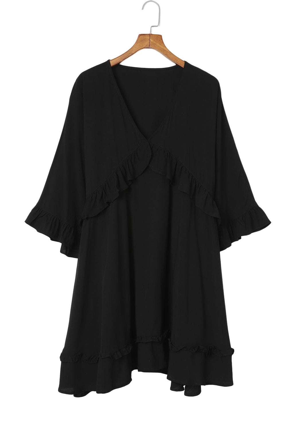 Black Ruffled 3/4 Sleeve V Neck Babydoll Short Dress