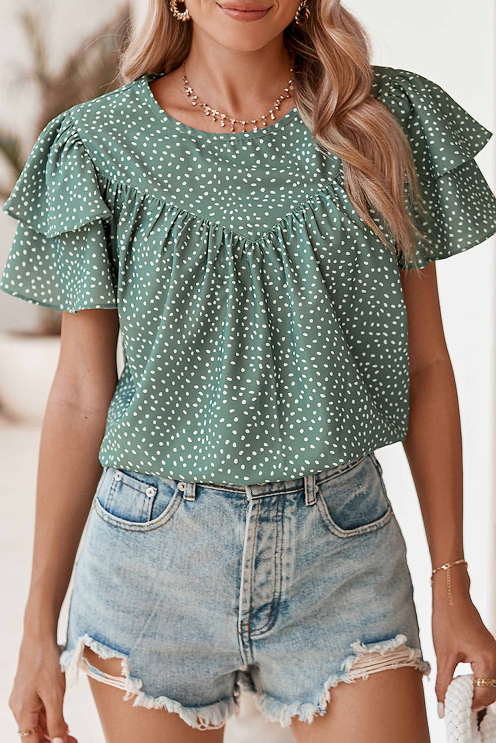 Black Spotted Print Pleated Ruffle Sleeve Blouse