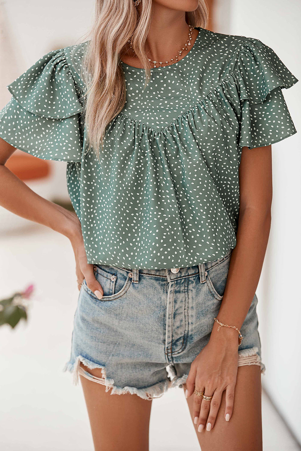 Black Spotted Print Pleated Ruffle Sleeve Blouse