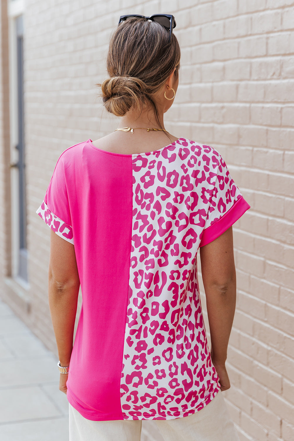 Black Leopard Print Color Block Rolled Up Sleeve Casual T Shirt