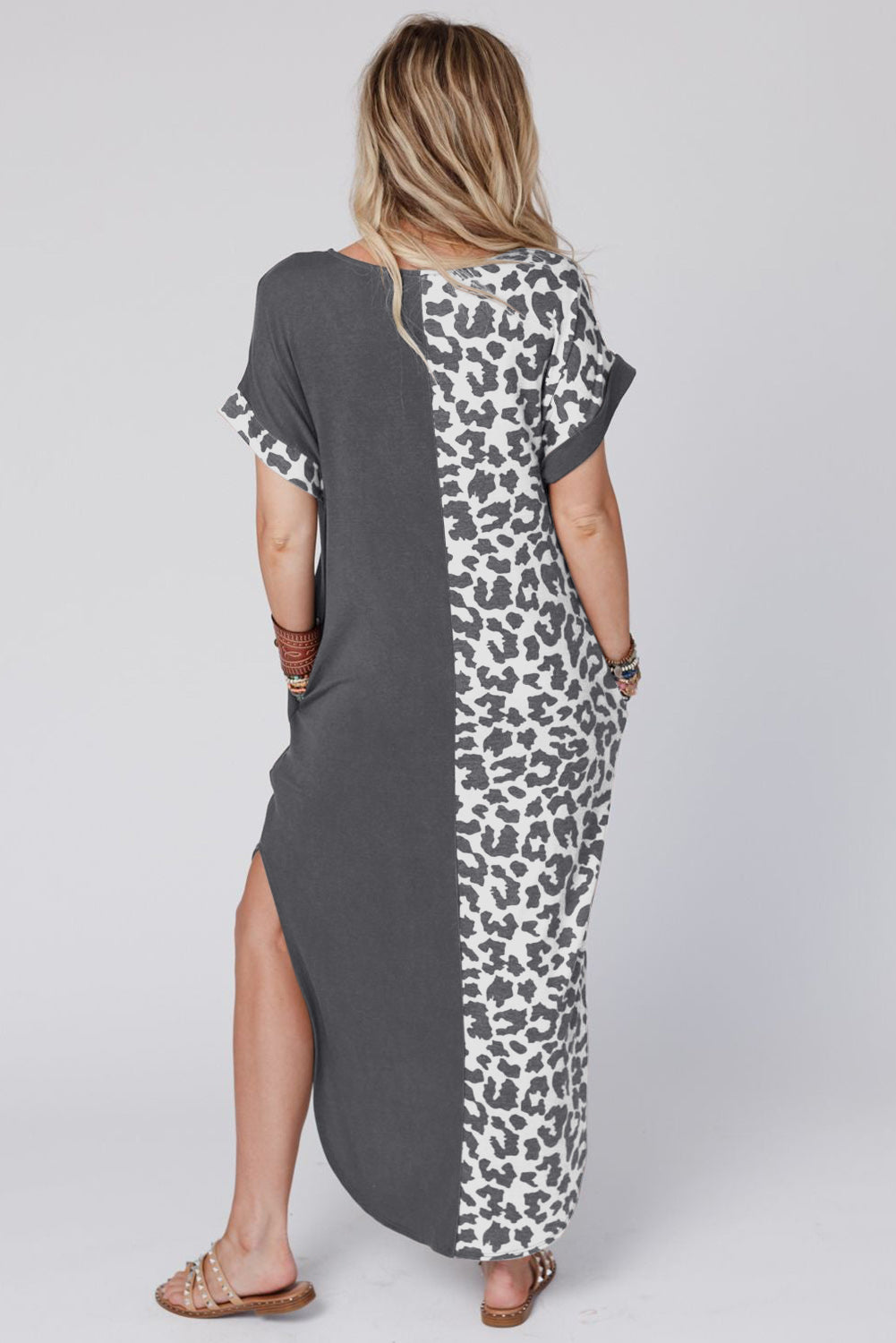 Black Leopard Patchwork Casual T-Shirt Dress With Slits