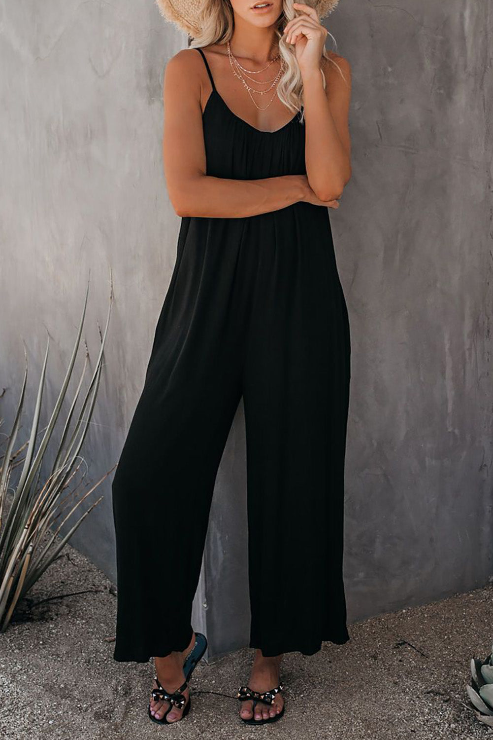 Black Casual Spaghetti Straps Wide Leg Pocketed Jumpsuits