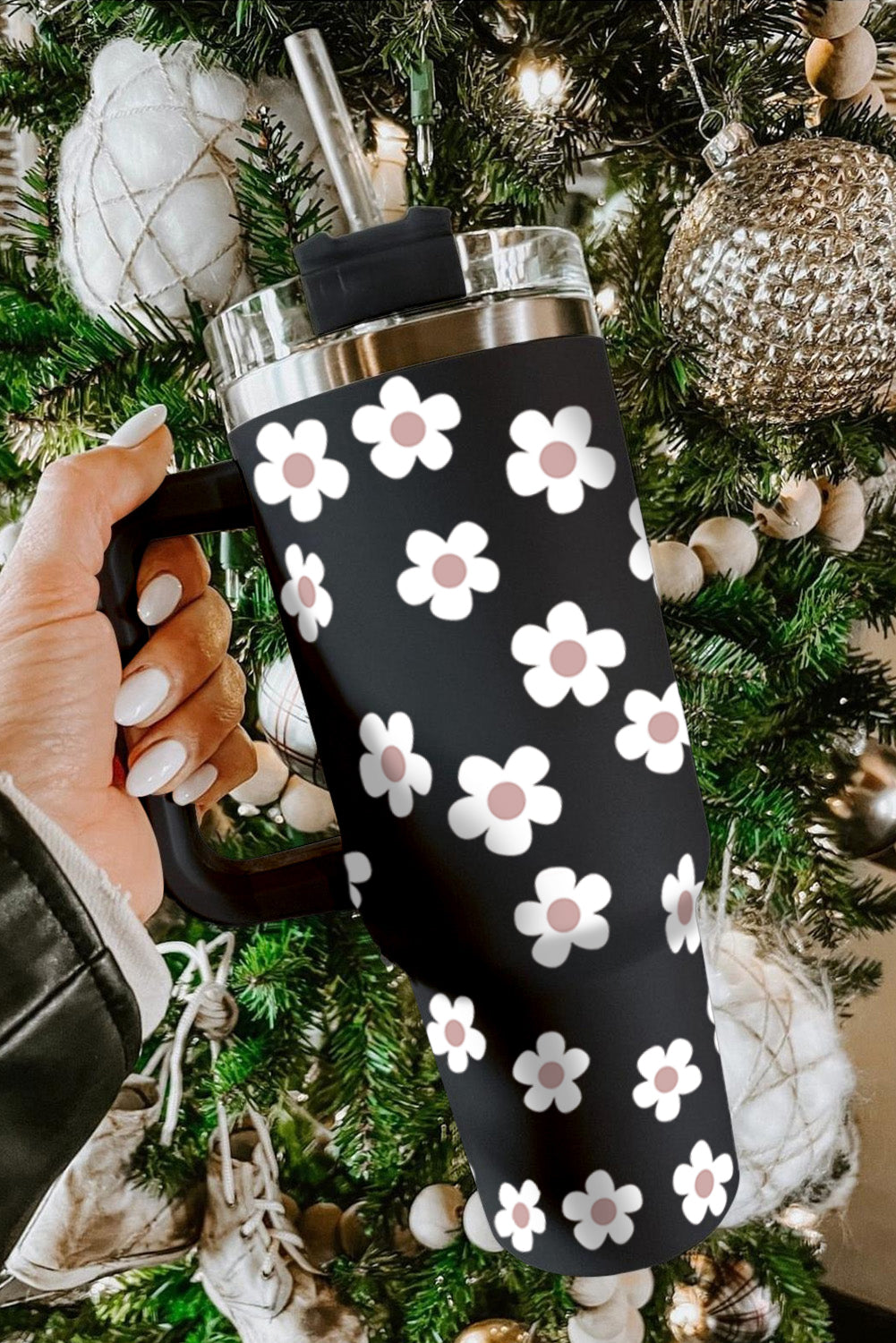 Black 60s Floral Print Stainless Tumbler With Lid And Straw