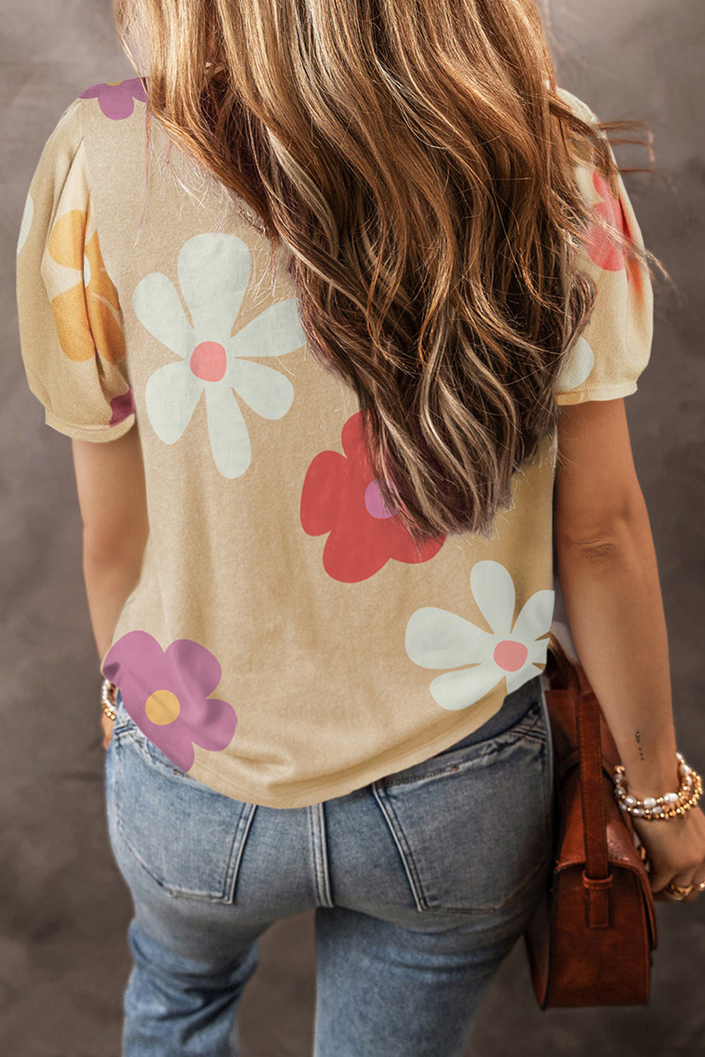 Black Colorful Flower Print Bubble Sleeve Tee