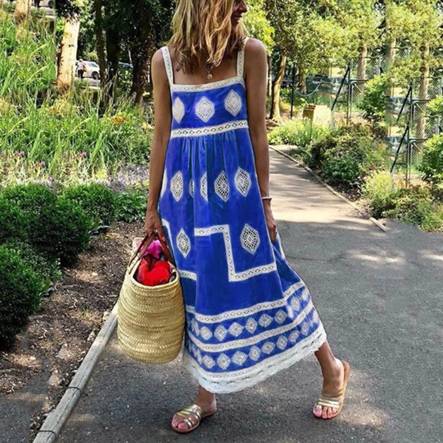 Women Summer Beach Sundress Vintage Vestidos Print Strap Dress Boho Style Big Swing Holiday Maxi Dress Female Casual Dress