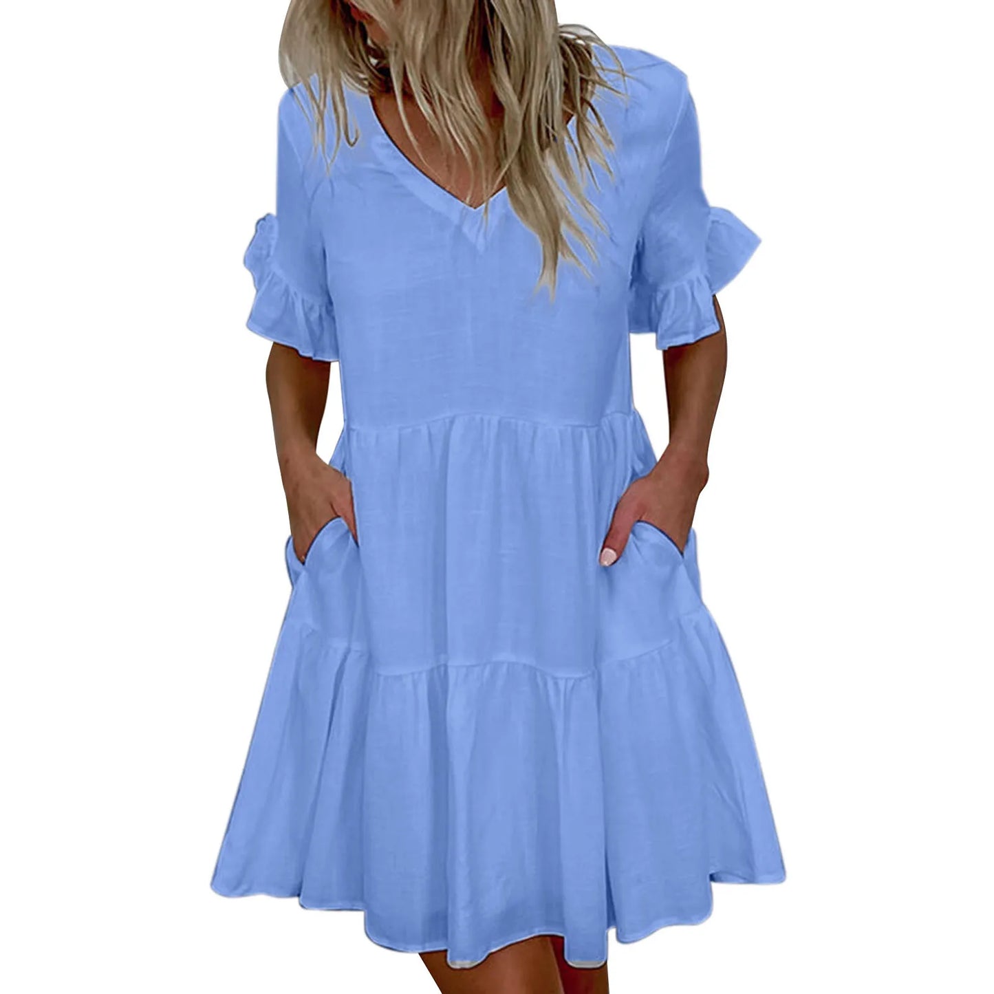 Women Pleated Dress Elegant Casual Party Beach Vintage Mini Dress 2023 Summer Ruffles Sleeve Bohemian Sundress Vestidos Robe