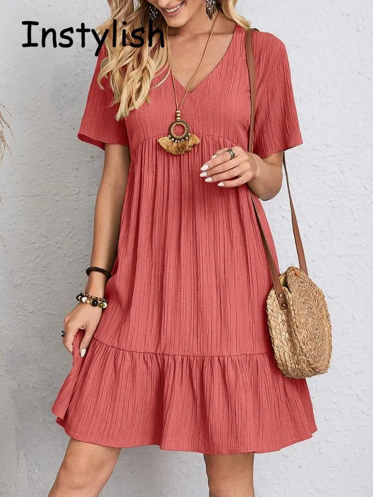 Women Elegant V Neck Ruffles Mini Dress Summer Vintage Solid Loose Sundress Bohemian Casual Solid Beach Party Vestidos 2023