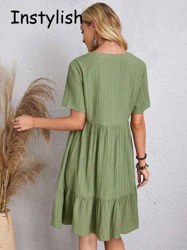 Women Elegant V Neck Ruffles Mini Dress Summer Vintage Solid Loose Sundress Bohemian Casual Solid Beach Party Vestidos 2023