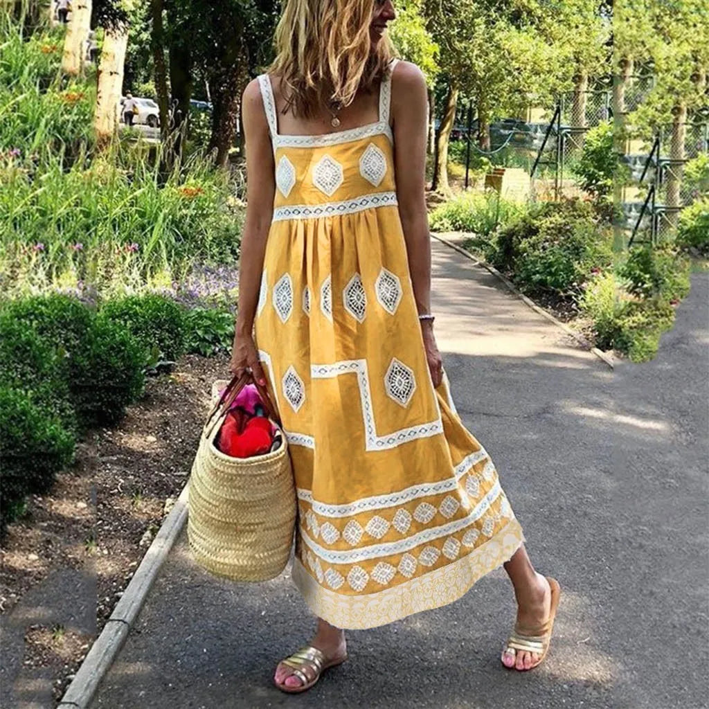 Women Summer Beach Sundress Vintage Vestidos Print Strap Dress Boho Style Big Swing Holiday Maxi Dress Female Casual Dress