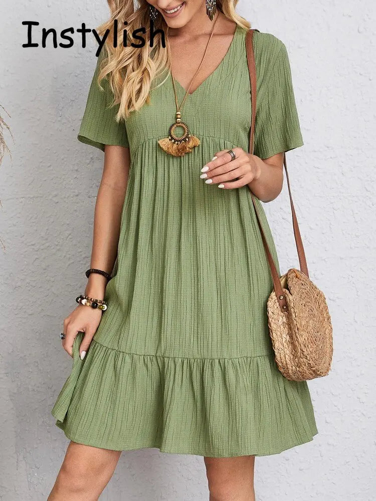 Women Elegant V Neck Ruffles Mini Dress Summer Vintage Solid Loose Sundress Bohemian Casual Solid Beach Party Vestidos 2023