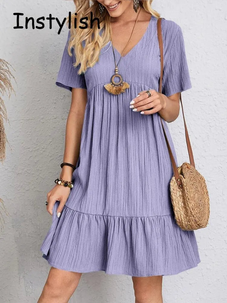 Women Elegant V Neck Ruffles Mini Dress Summer Vintage Solid Loose Sundress Bohemian Casual Solid Beach Party Vestidos 2023