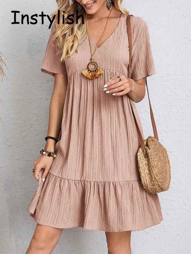 Women Elegant V Neck Ruffles Mini Dress Summer Vintage Solid Loose Sundress Bohemian Casual Solid Beach Party Vestidos 2023