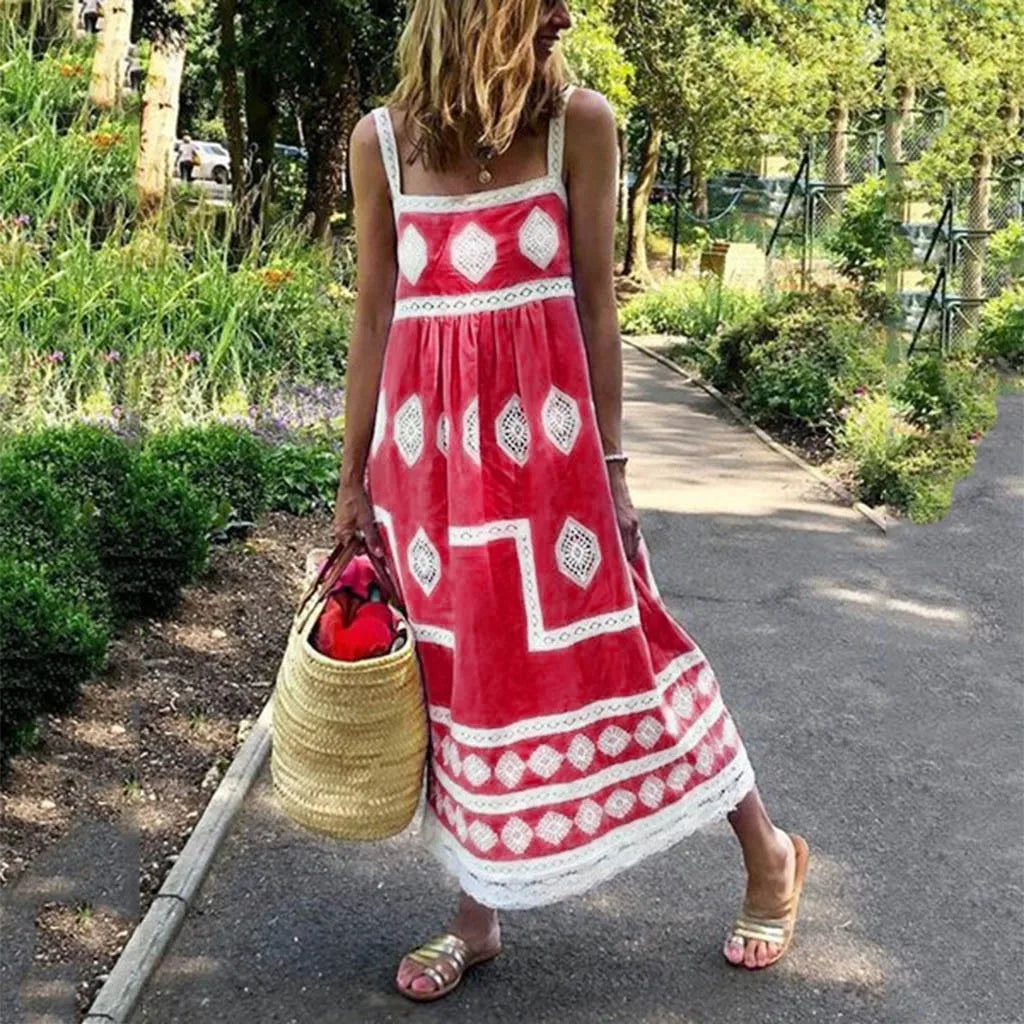 Women Summer Beach Sundress Vintage Vestidos Print Strap Dress Boho Style Big Swing Holiday Maxi Dress Female Casual Dress