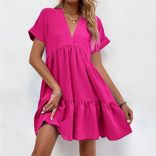 Casual Women Short Sleeve Mini Dress 2023 Spring Summer V-neck Loose Dresses Cute Solid Big Hem Beach Dress Robe De Plage