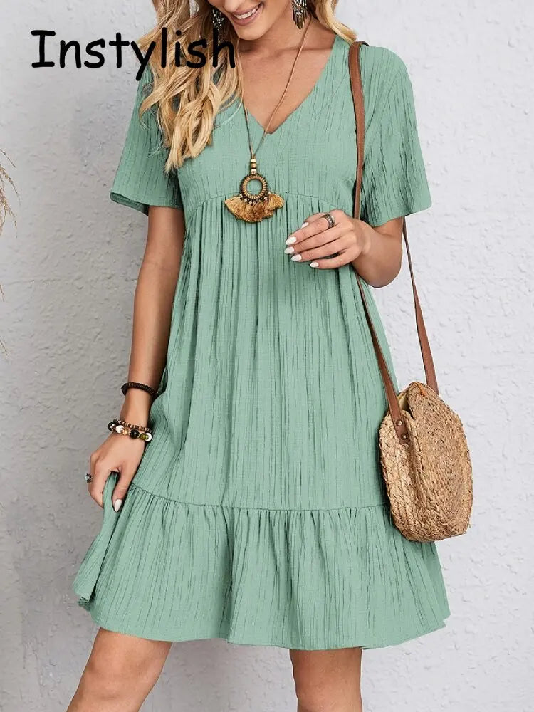 Women Elegant V Neck Ruffles Mini Dress Summer Vintage Solid Loose Sundress Bohemian Casual Solid Beach Party Vestidos 2023