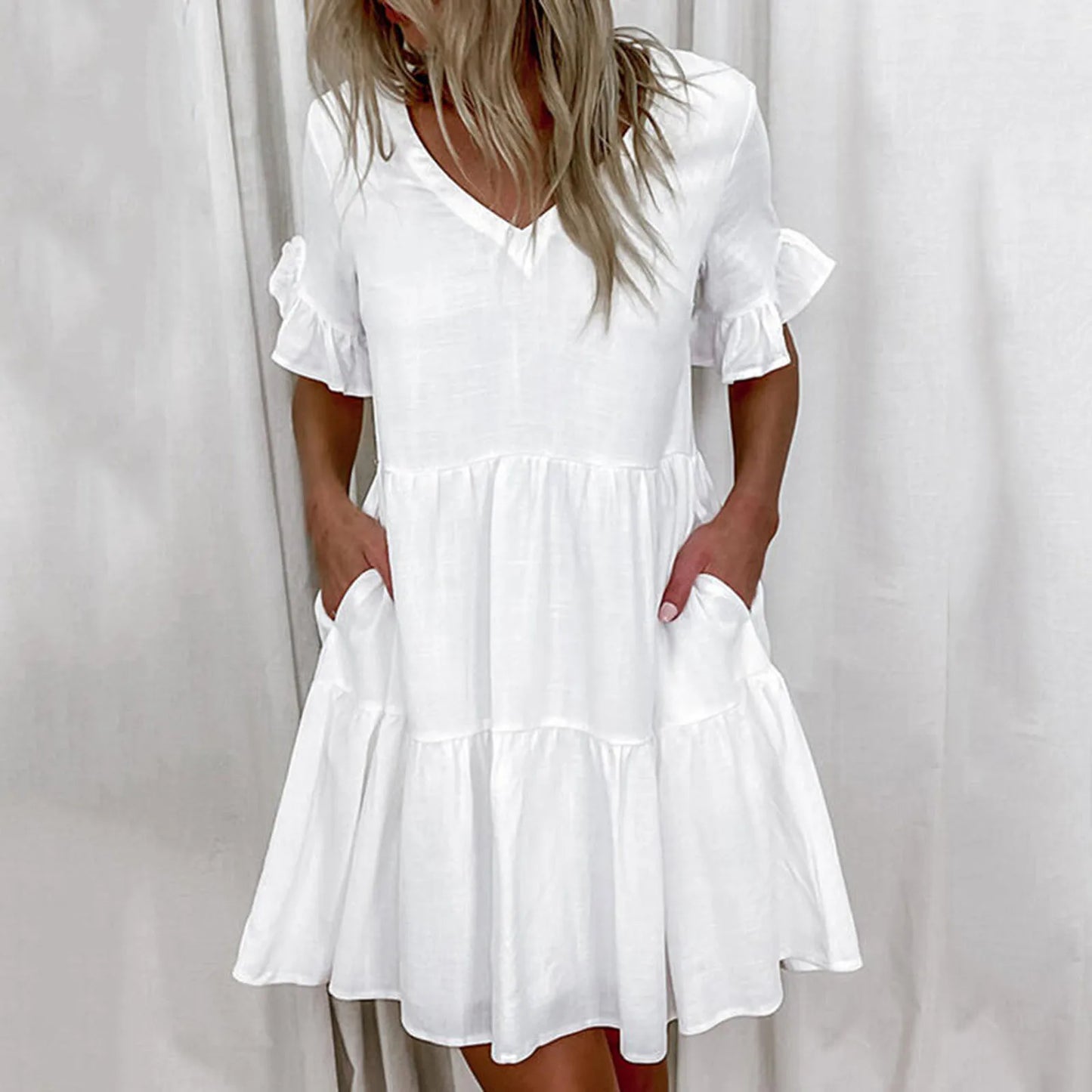 Women Pleated Dress Elegant Casual Party Beach Vintage Mini Dress 2023 Summer Ruffles Sleeve Bohemian Sundress Vestidos Robe