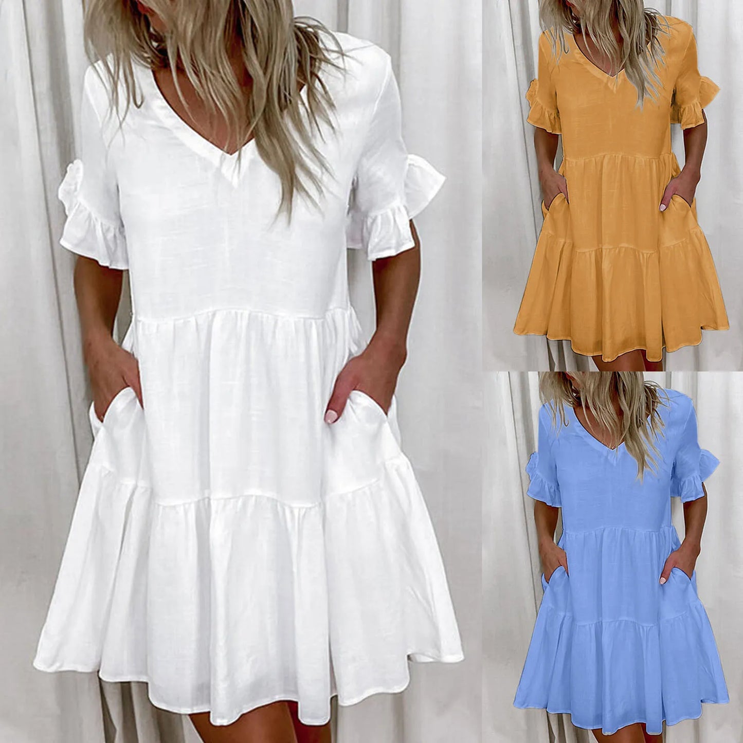 Women Pleated Dress Elegant Casual Party Beach Vintage Mini Dress 2023 Summer Ruffles Sleeve Bohemian Sundress Vestidos Robe