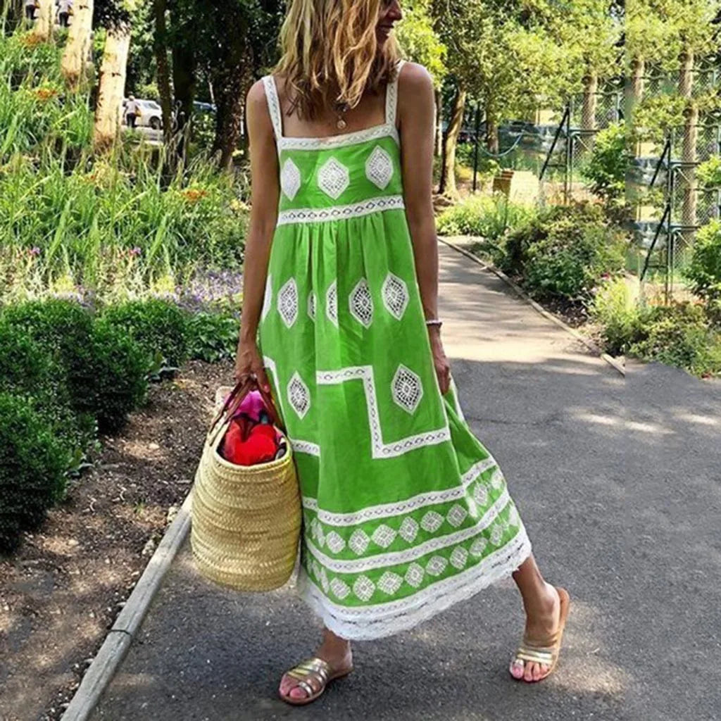 Women Summer Beach Sundress Vintage Vestidos Print Strap Dress Boho Style Big Swing Holiday Maxi Dress Female Casual Dress