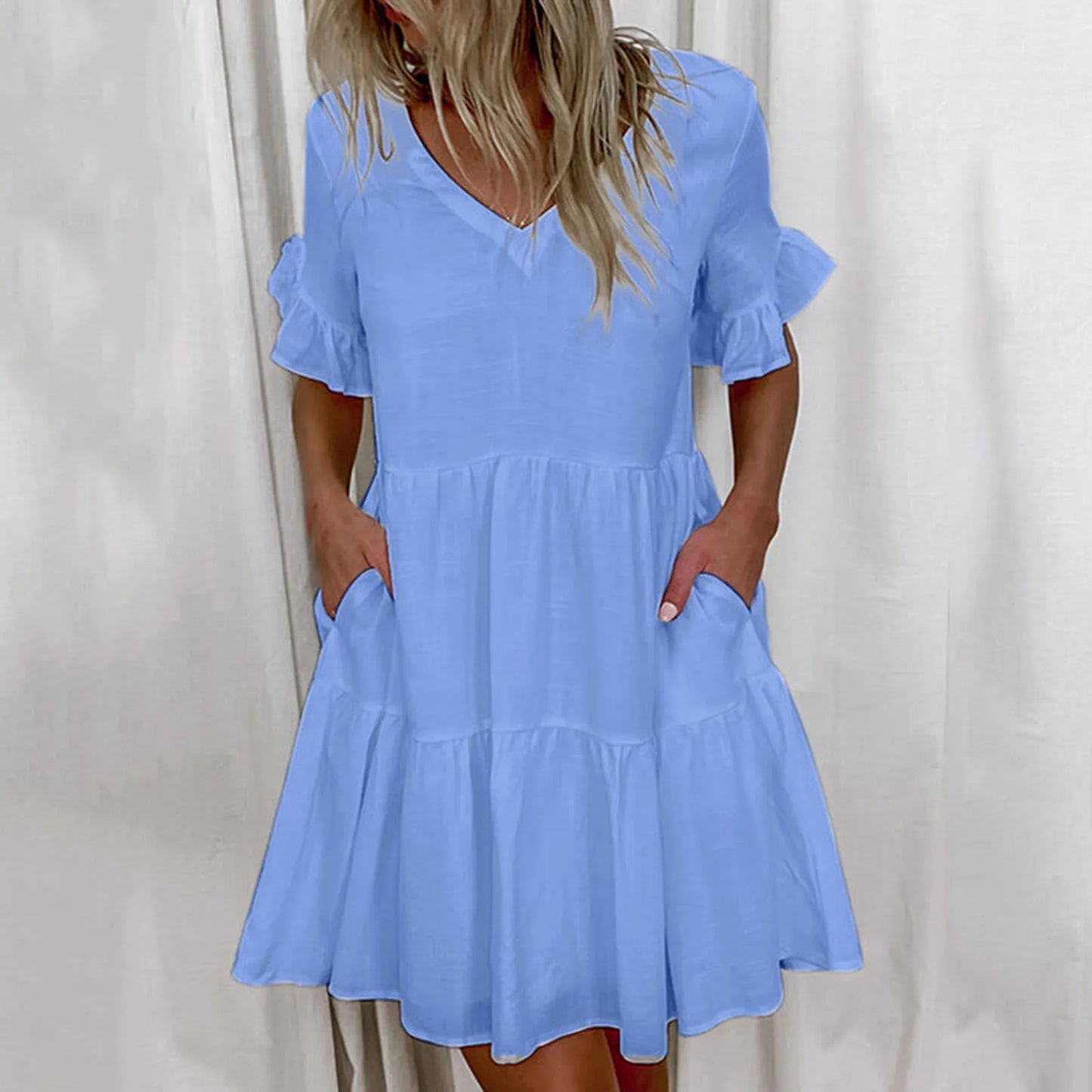 Women Pleated Dress Elegant Casual Party Beach Vintage Mini Dress 2023 Summer Ruffles Sleeve Bohemian Sundress Vestidos Robe